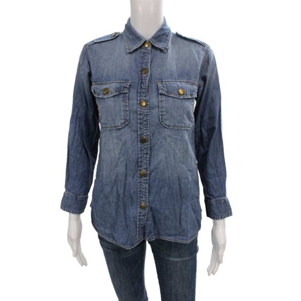 Current/Elliott Womens Basic Button-Up Blue Cotton Collared Long Sleeve Size 0